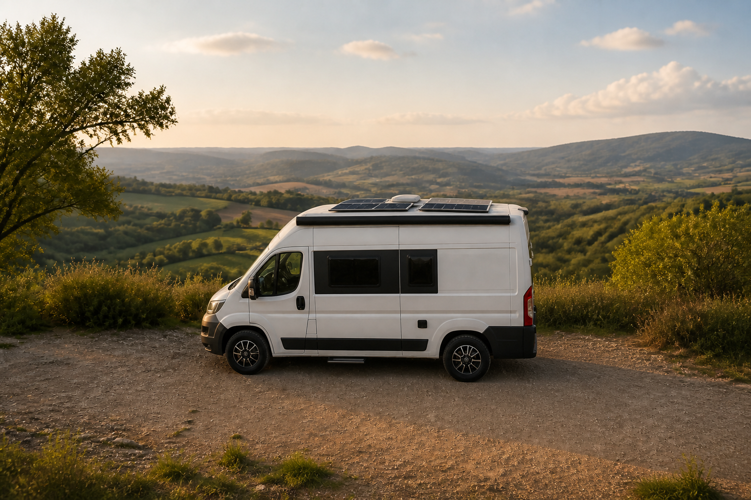 Van aménagé équipé de panneaux solaires en pleine nature